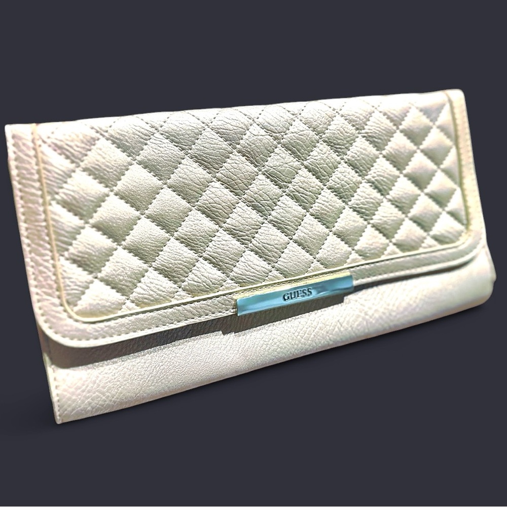 GUESS - Gold Textured Quilted Fold Over Clutch/Wallet with Gold Hardware